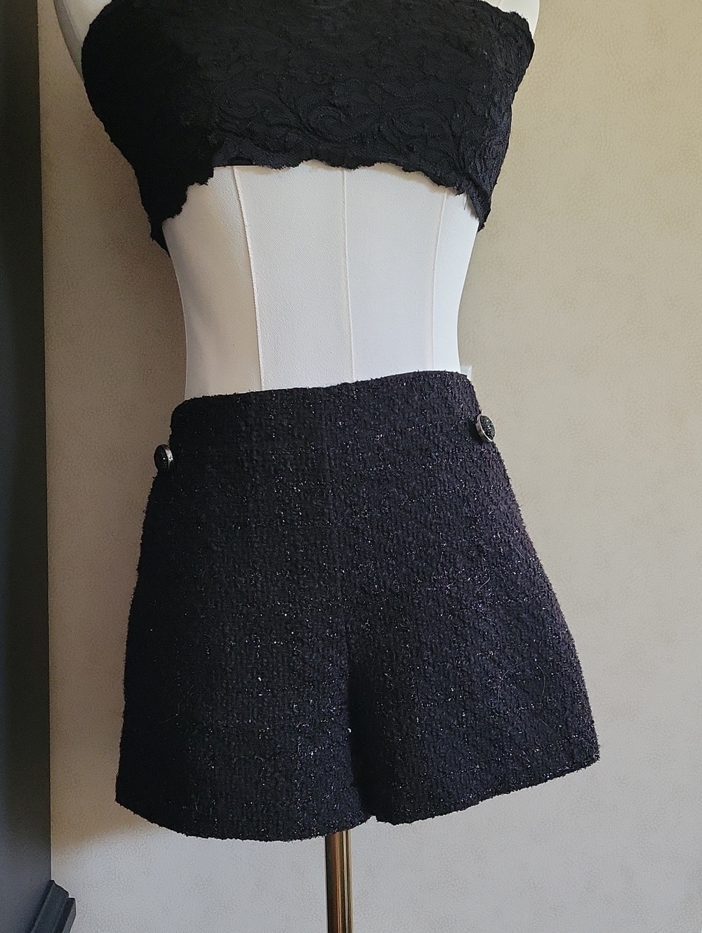 Jennifer Lopez Black Bouclé High-Waist Shorts with Side Buttons